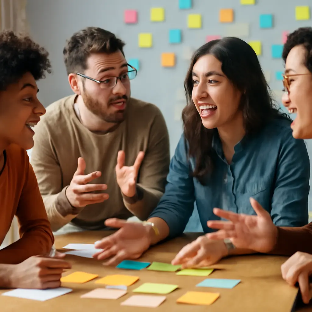 Группа на мозговом штурме Группа людей во время мозгового штурма, обсуждение идей