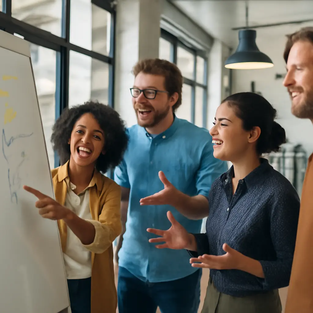 Команда обсуждает идеи Команда у доски генерирует идеи для проекта