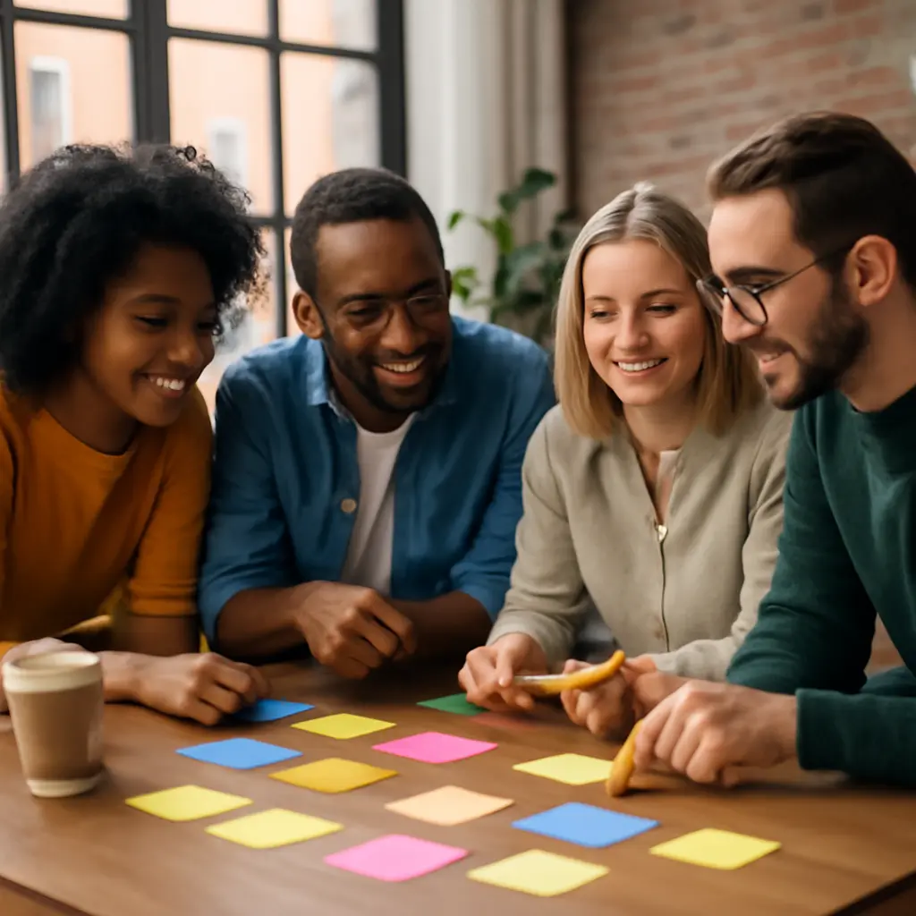 Команда за столом проводит обсуждение идей