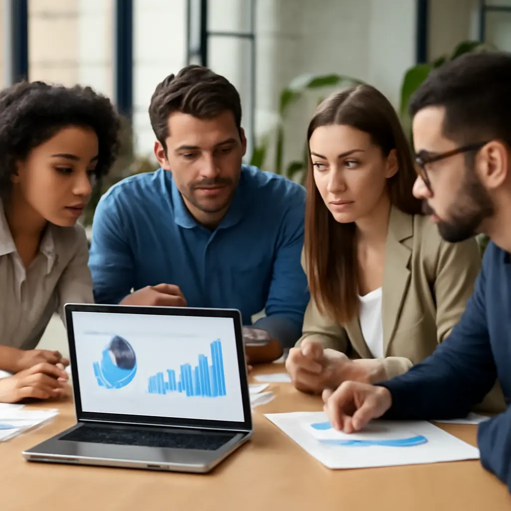 Команда тестирует идею Команда обсуждает результаты тестирования идеи за ноутбуком