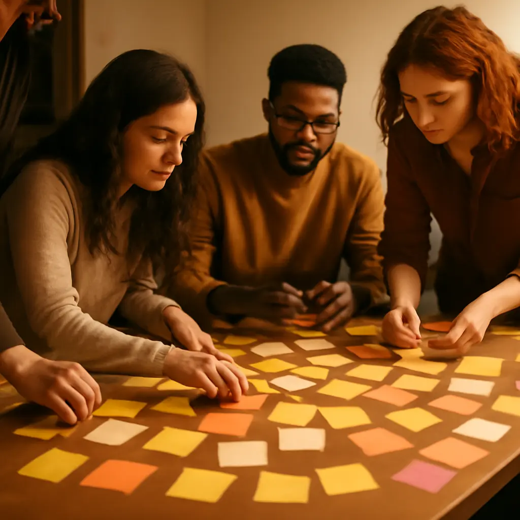 Мозговой штурм и хаос Группа людей с заметками и идеями на столе