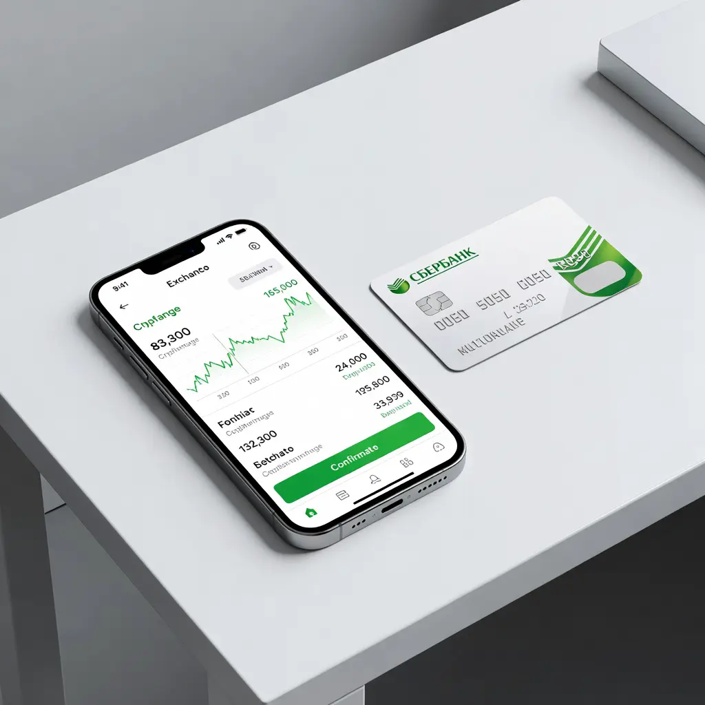 Экран смартфона с интерфейсом криптообменника, рядом карта Сбербанка на чистом столе