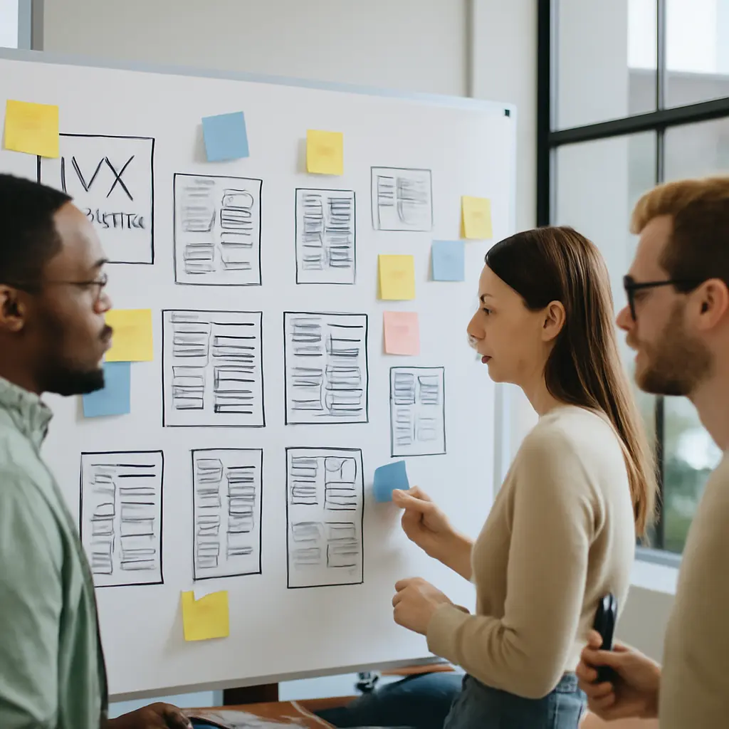 Рабочая сессия с заметками Белая доска с заметками и стикерами, прототипы интерфейса