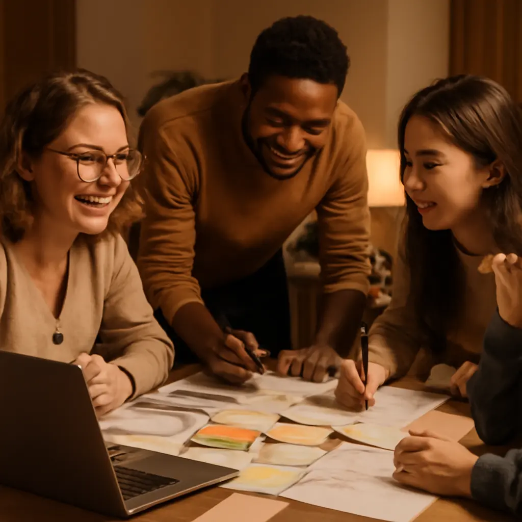 Синхронизация идей Люди обмениваются идеями и работают над планом