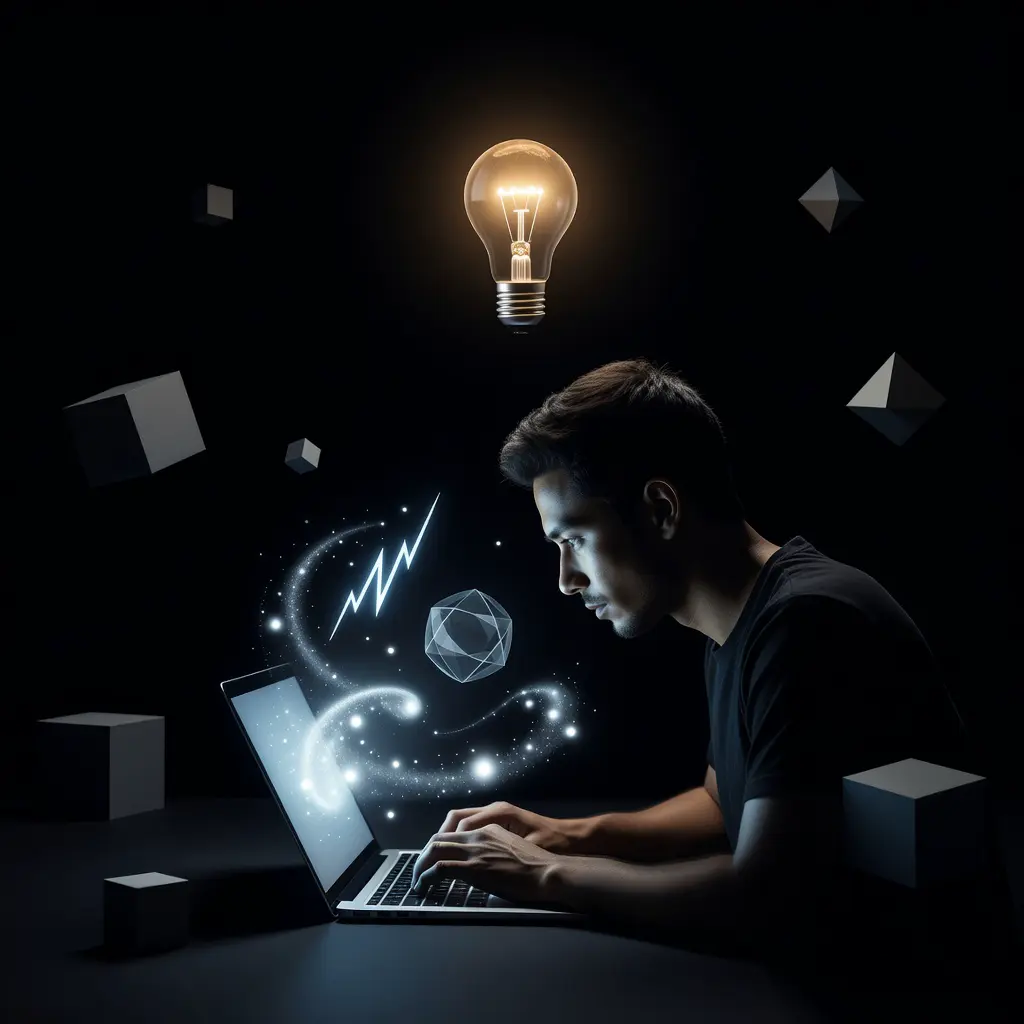 Человек использует ноутбук с открытой платформой Cripta cc, вокруг парят символы идей
